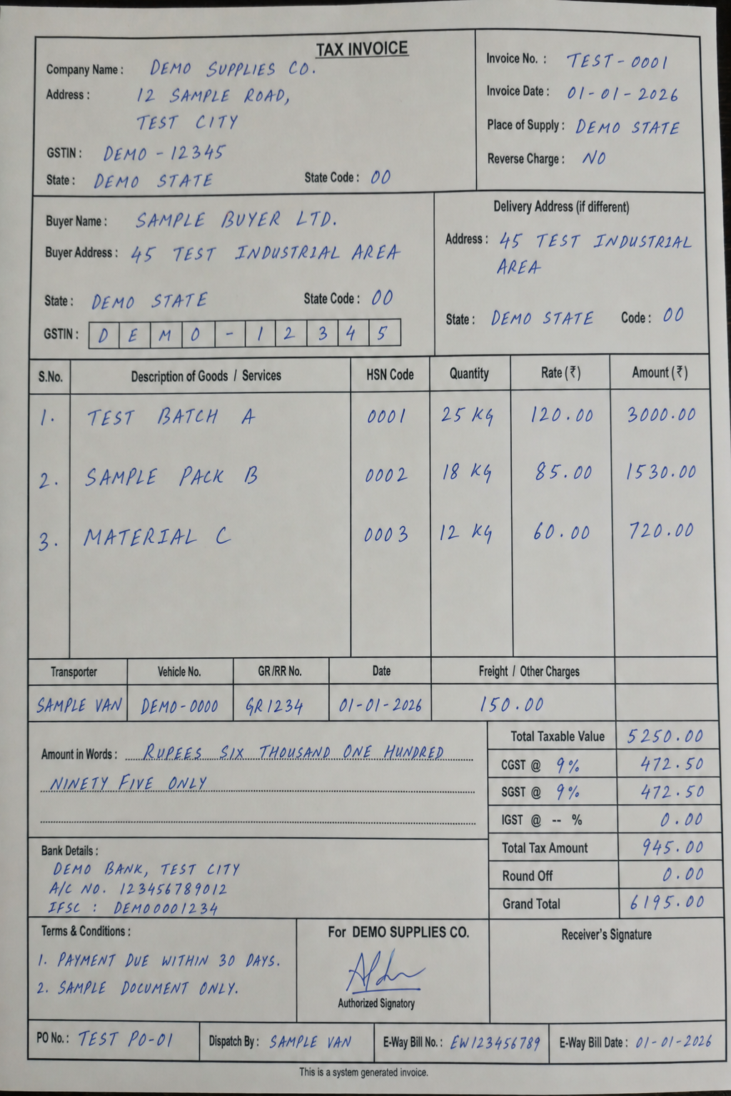 A fully synthetic example of the difficult handwritten invoice layout the OCR had to process